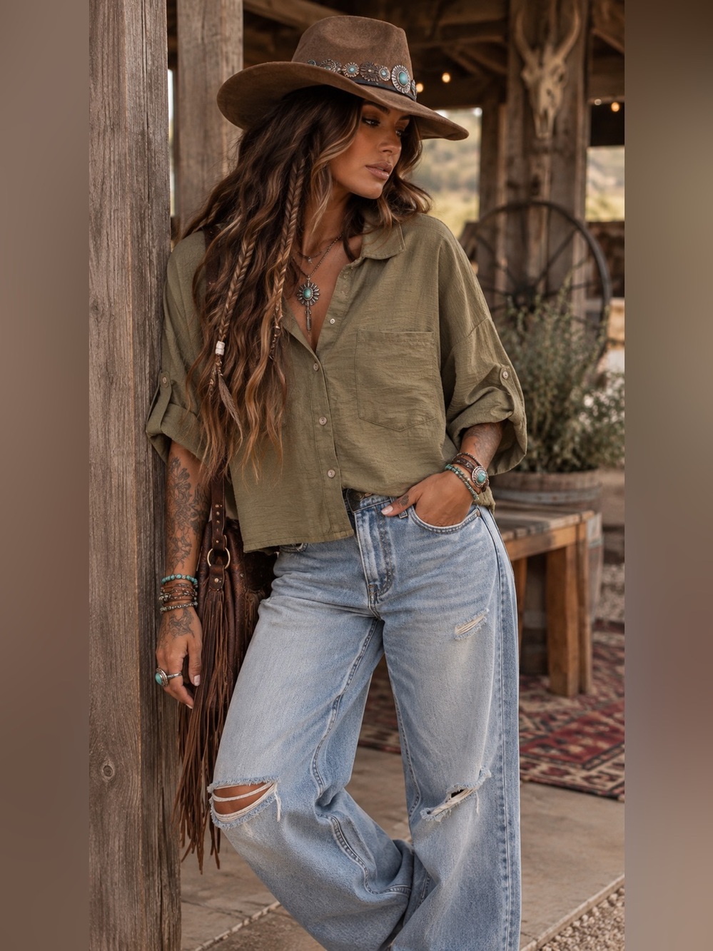 NWOT Cavalini  Army Green Button Down Boxy Top- Army Green